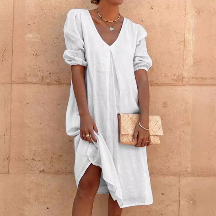 Damen lässiges Leinenkleid mit V-Ausschnitt und Puffärmeln – Lunéa