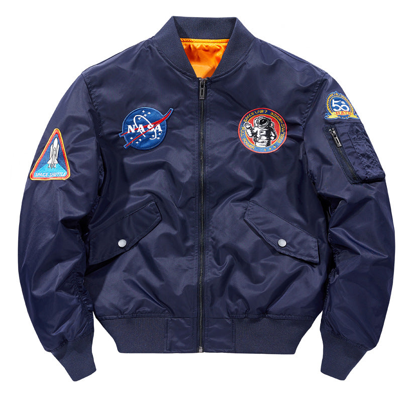 Men's nylon flight-style bomber with embroidered space patches and contrast orange lining – Brevano