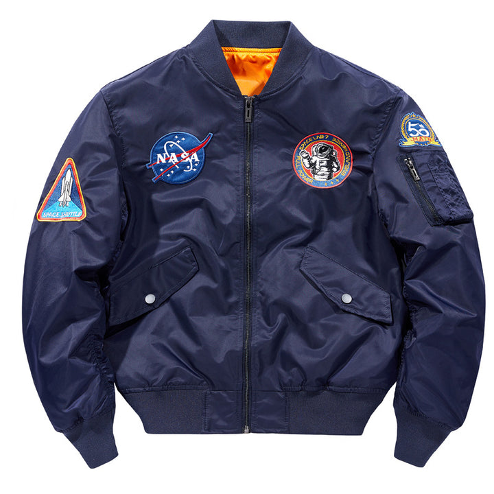 Men's nylon flight-style bomber with embroidered space patches and contrast orange lining – Brevano