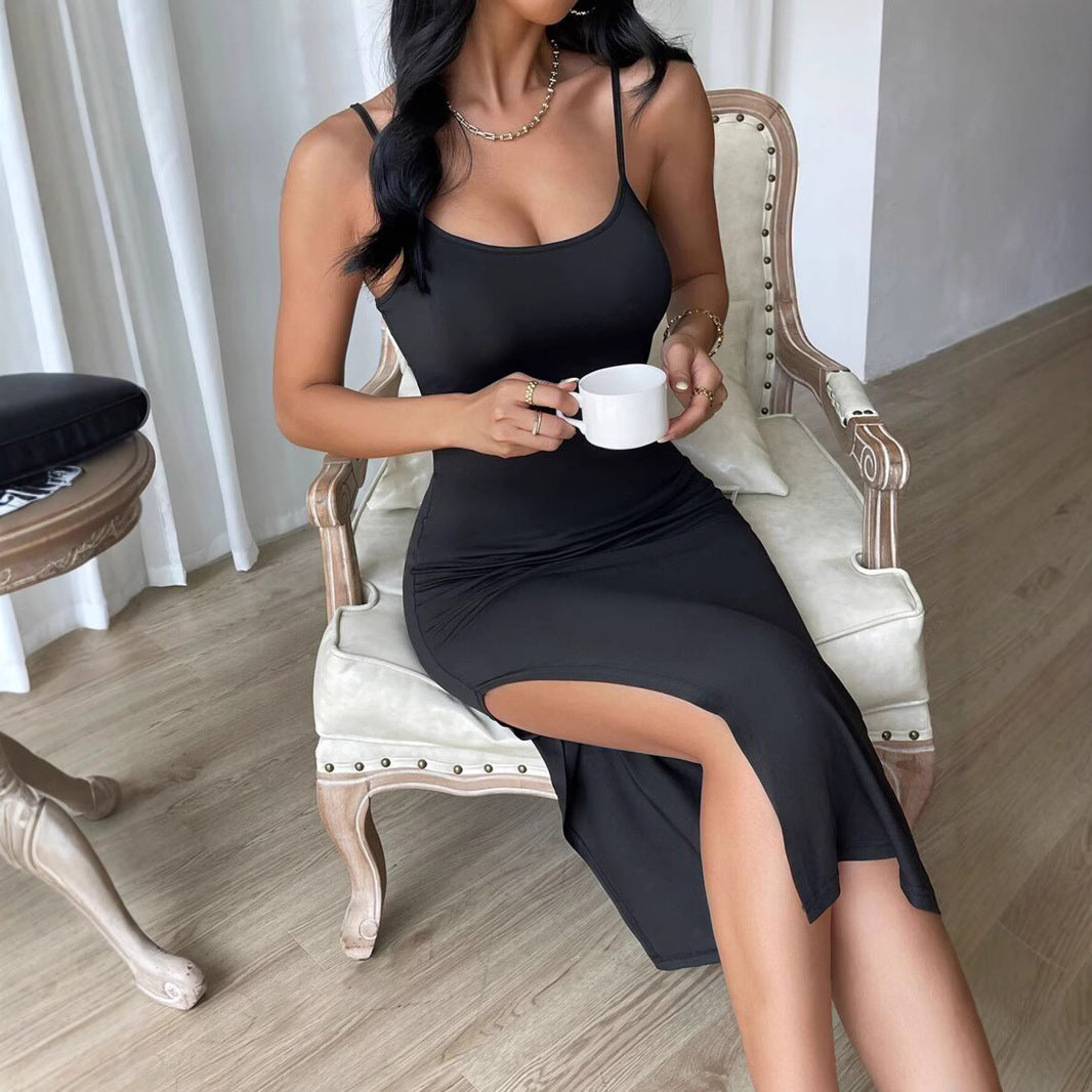 Damen figurbetontes Maxi-Kleid mit schmalen Spaghettiträgern und seitlichem Schlitz Echo Archiv