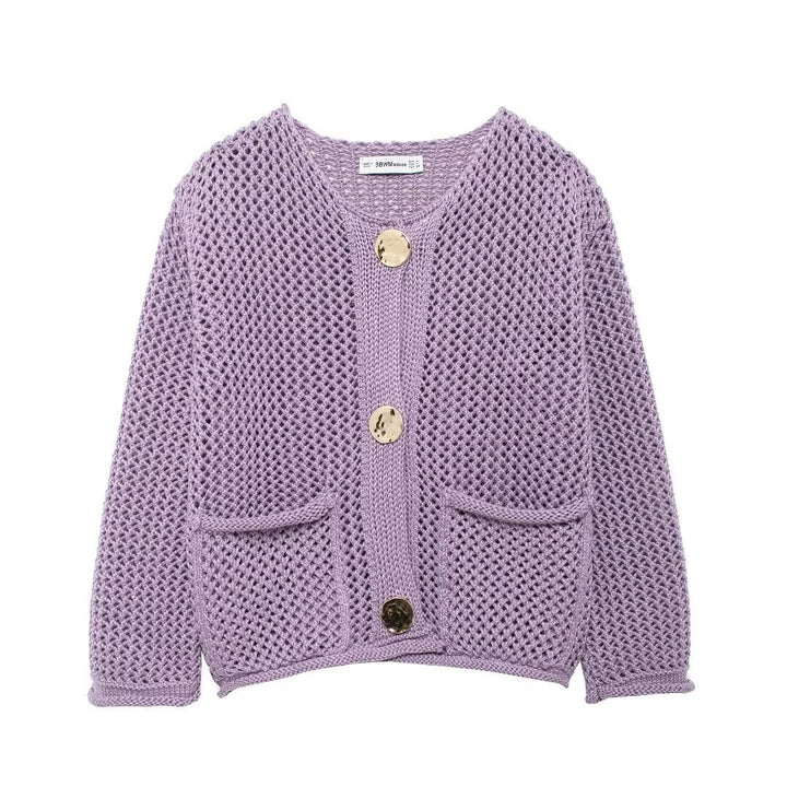 Damen Strickjacke mit offener Netz-Struktur, Zierknöpfen und aufgesetzten Taschen – Célinea