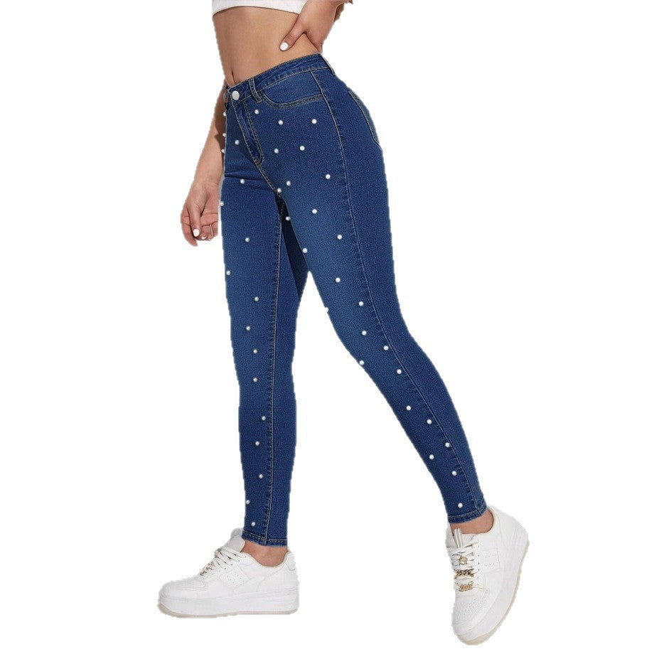 Damen hochtaillierte Skinny-Jeans mit Perlenbesatz Echo Archiv