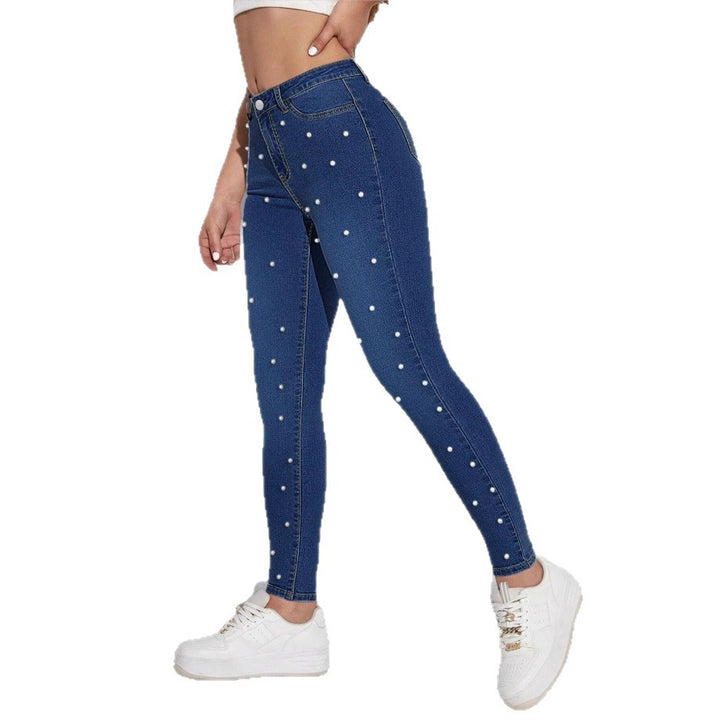 Damen hochtaillierte Skinny-Jeans mit Perlenbesatz Echo Archiv