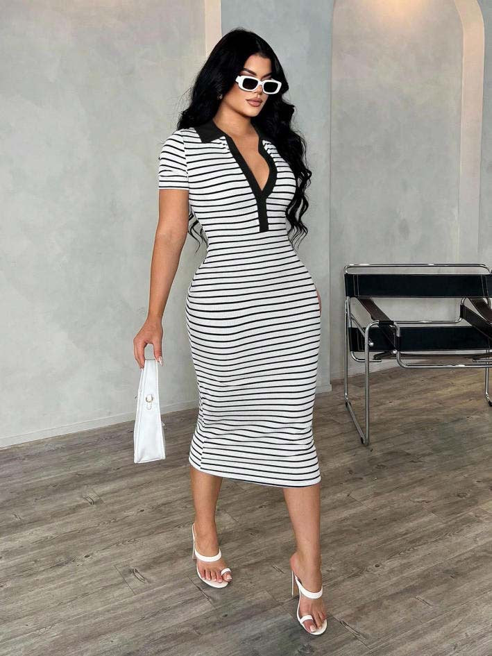 Damen Figurbetontes Polokleid im Streifen‑Look aus Rippstrick mit kurzem Ärmel – Élara