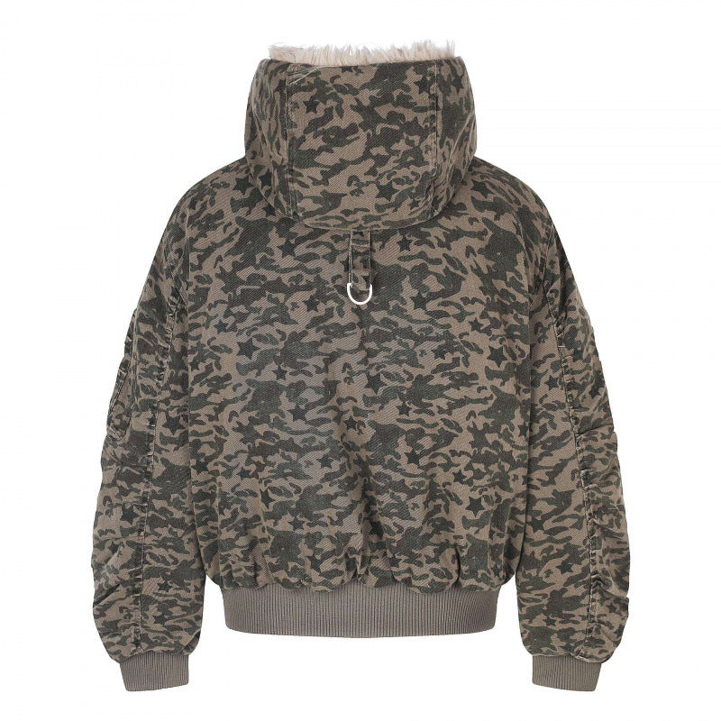 Unisex Weitgeschnittene wattierte Bomberjacke mit Kapuze und Kunstfellbesatz Echo Archiv