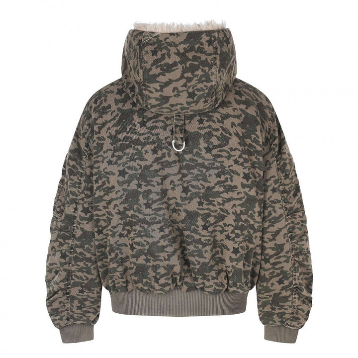 Unisex Weitgeschnittene wattierte Bomberjacke mit Kapuze und Kunstfellbesatz Echo Archiv