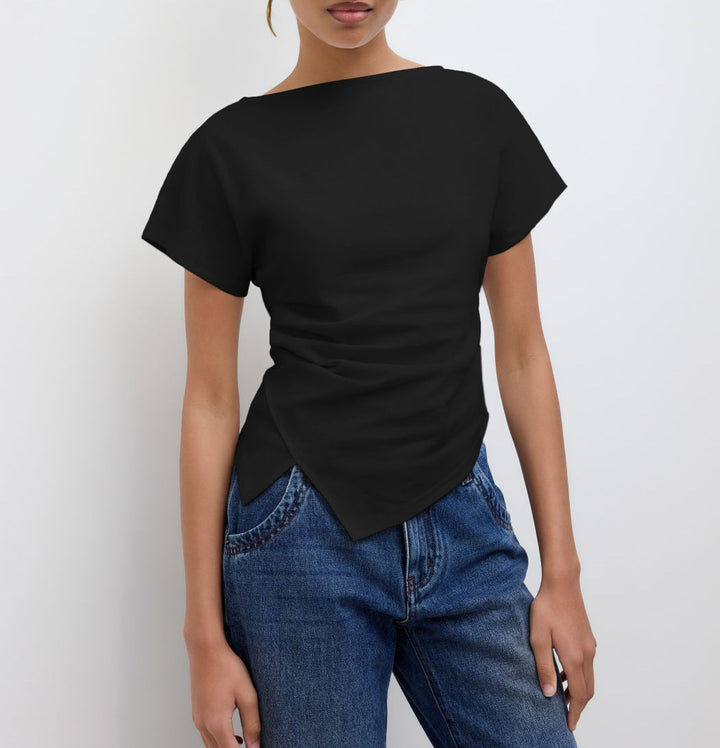 Damen Cropped T-Shirt mit asymmetrischem Schnitt und dekorativem Drapierungseffekt Echo Archiv