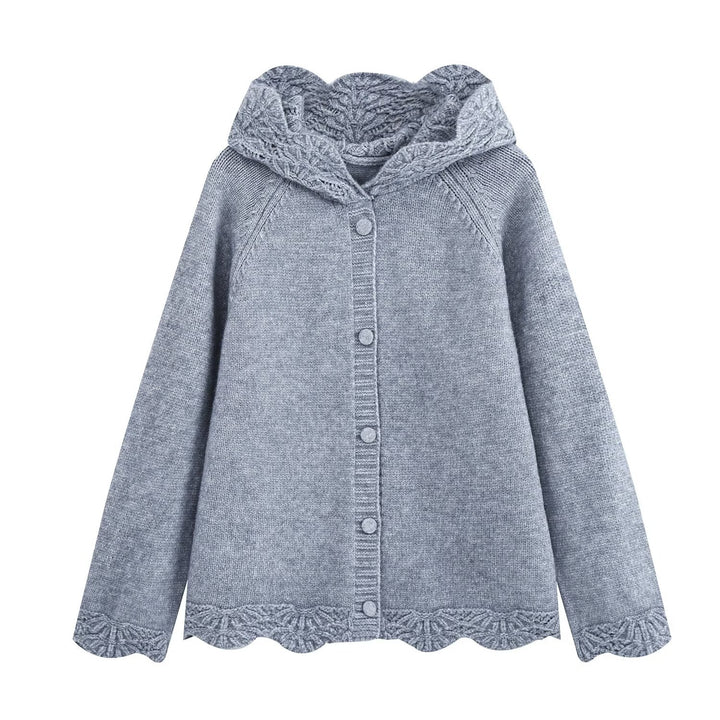 Damen Feinstrick-Cardigan mit Kapuze, Knopfleiste und gehäkelter Borte Echoarchiv