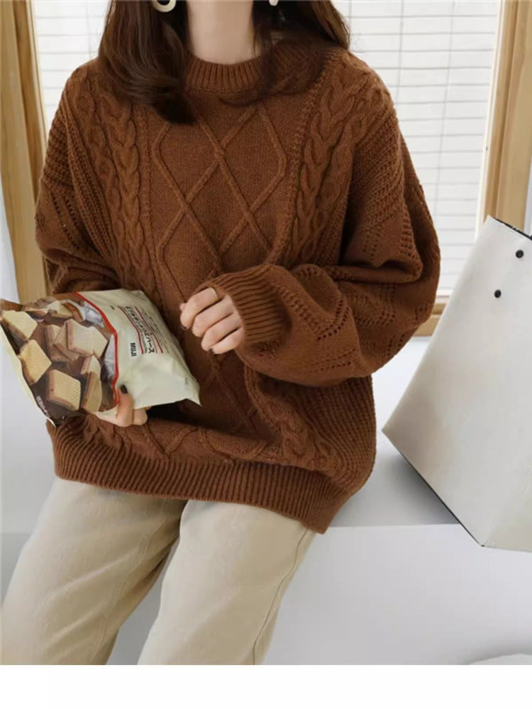 Damen Oversize Zopfmuster-Strickpullover mit Ajour‑Details und geripptem Saum Echoarchiv