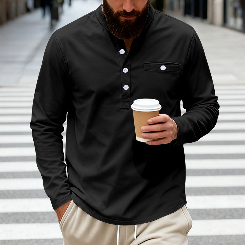 Herren nan langärmeliges Henley-Shirt mit Stehkragen, Brusttasche und dekorativer Knopfleiste Echo Archiv