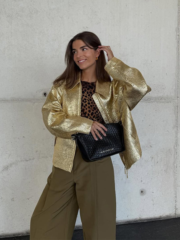 Damen Kurze strukturierte Metallic-Bomberjacke mit Boxy‑Silhouette Echoarchiv