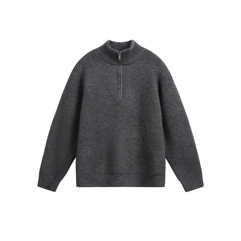 Unisex Grobstrick-Pullover mit halbem Reißverschluss und Stehkragen Echoarchiv