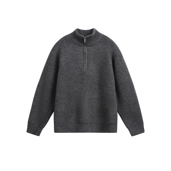 Unisex Grobstrick-Pullover mit halbem Reißverschluss und Stehkragen Echoarchiv