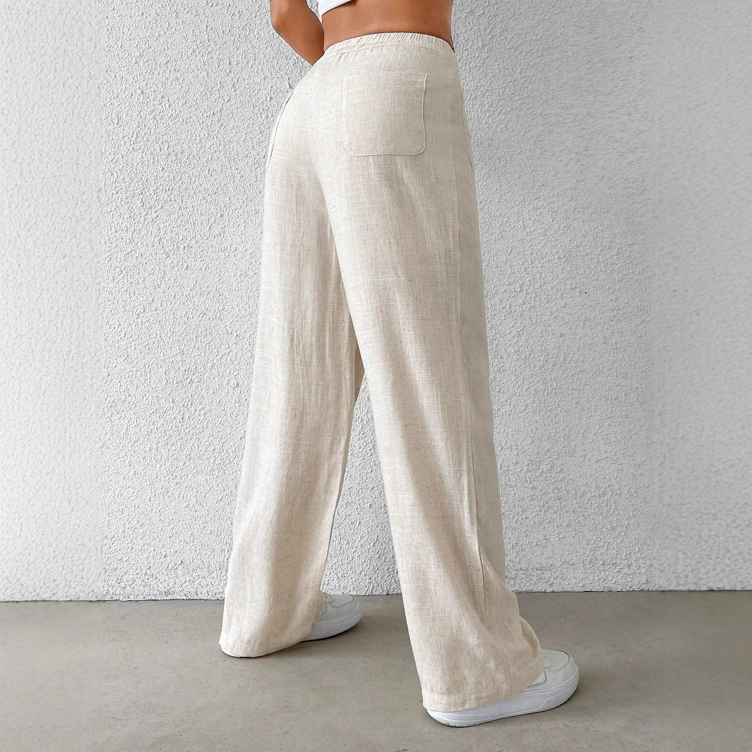 Damen Hochtaillierte Leinenlook Palazzo-Hose mit aufgesetzten Taschen – Avérine