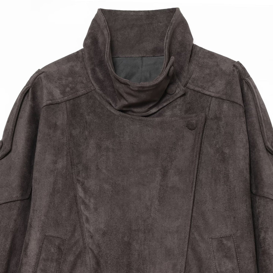 Damen Oversized Wildlederoptik Bomberjacke mit hohem Stehkragen, Schulterriegeln und elastischem Saum Echoarchiv