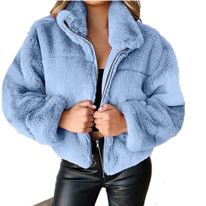Damen nan kurze kuschelige Kunstpelzjacke mit Stehkragen und Reißverschluss Echo Archiv