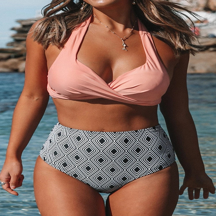 Damen High-Waist Bikini-Set mit elegantem Wickeldesign und modischem geometrischem Muster Echo Archiv