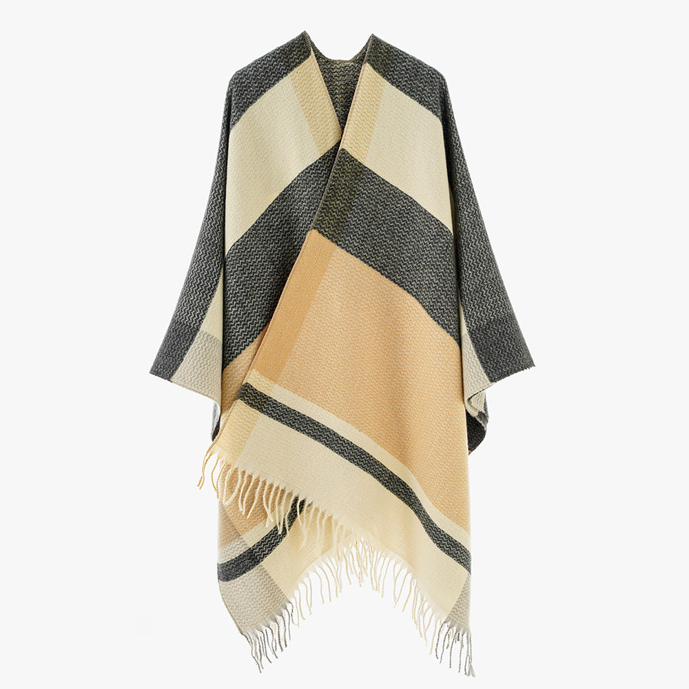 Damen Wollmix-Capeponcho mit V‑Ausschnitt, Blockstreifen und Fransen – Avérine