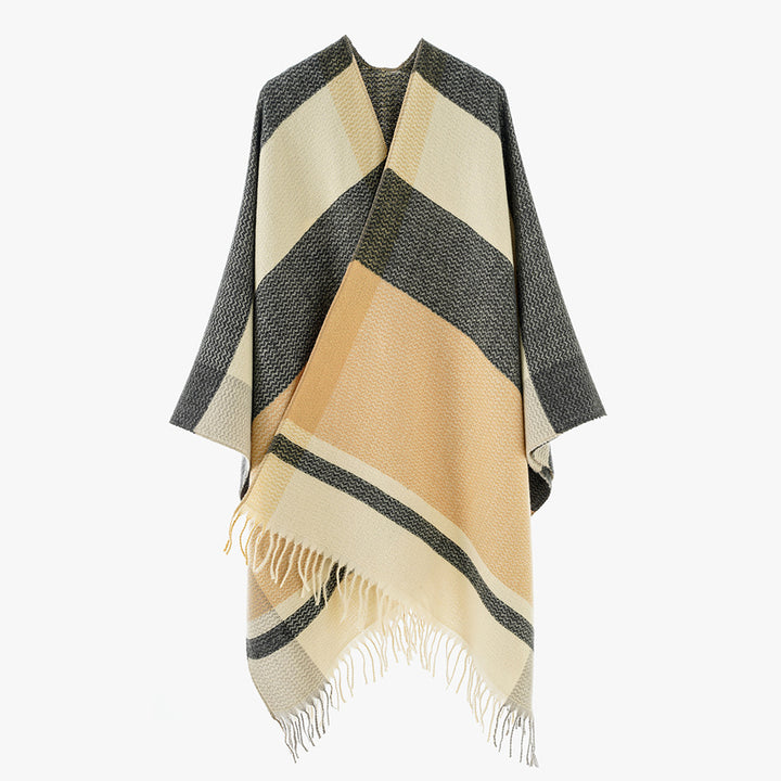 Damen Wollmix-Capeponcho mit V‑Ausschnitt, Blockstreifen und Fransen – Avérine