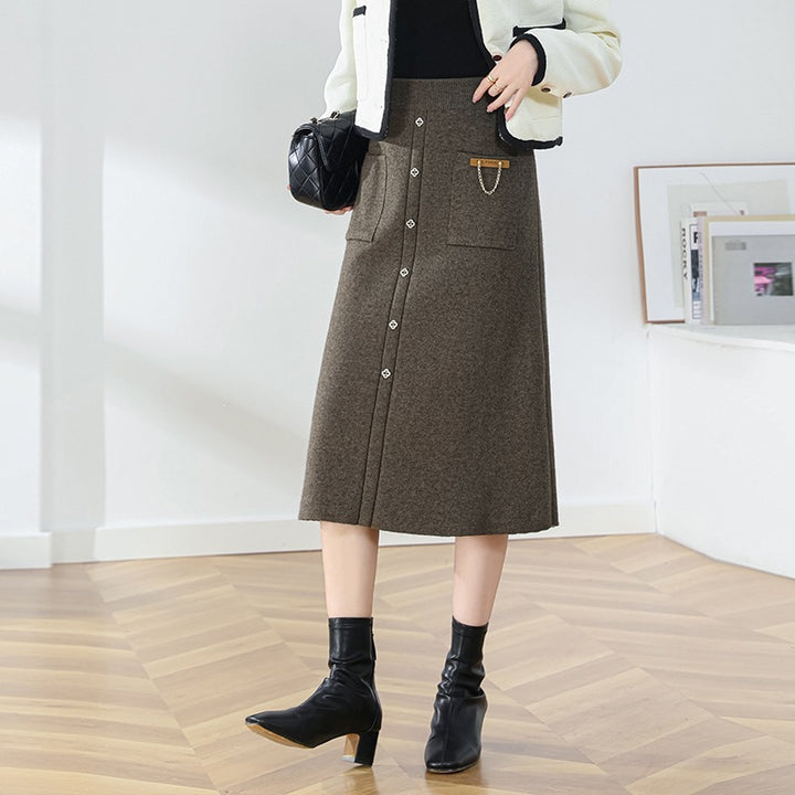 Damen Eleganter, gefütterter Knopf-Midirock Echo Archiv