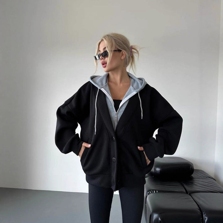 Damen Oversized Kapuzenjacke mit Druckknopfverschluss und Eingrifftaschen Echoarchiv