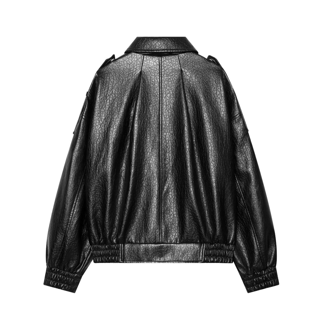 Damen Kurzes glänzendes Biker-Blouson aus veganer Lederoptik mit Ballonärmeln Echoarchiv