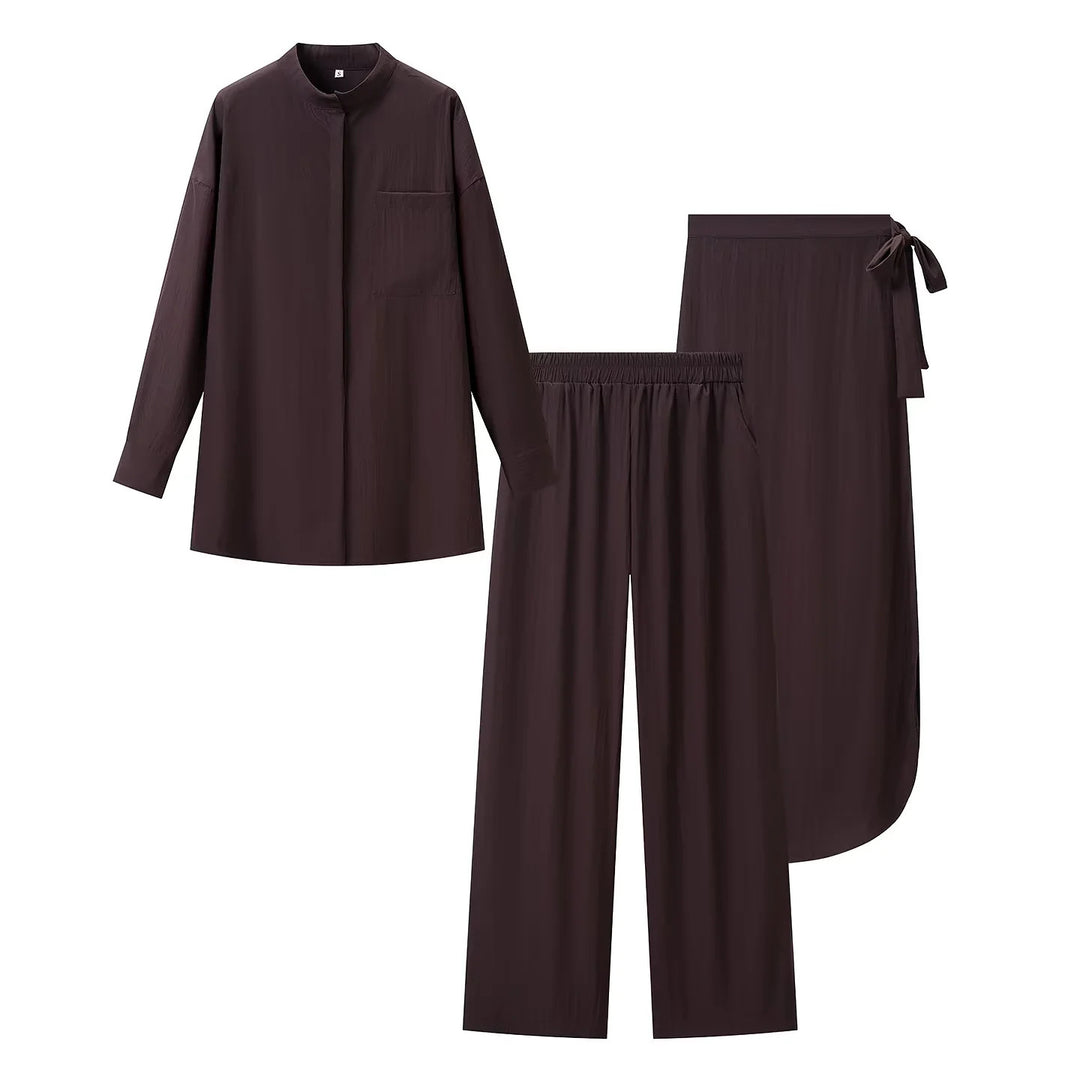 Damen nan luxuriöses Lounge-Dreiteiler-Set mit Oversize-Hemd, Elastikbund-Hose und Wickelrock Echo Archiv