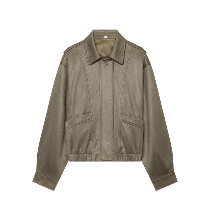 Damen kastige vegane Lederblousonjacke mit Hemdkragen, verdeckter Frontleiste und elastischem Saum – Célinea