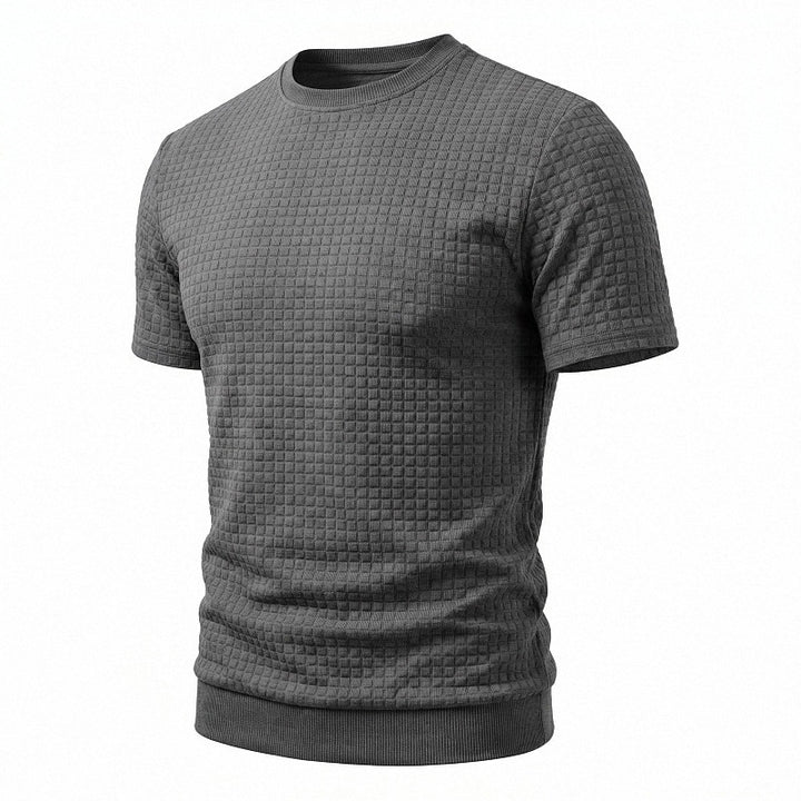 Herren nan kurzärmeliges Strickshirt mit geprägter Karostruktur, Rundhalsausschnitt und geripptem Saum Echo Archiv