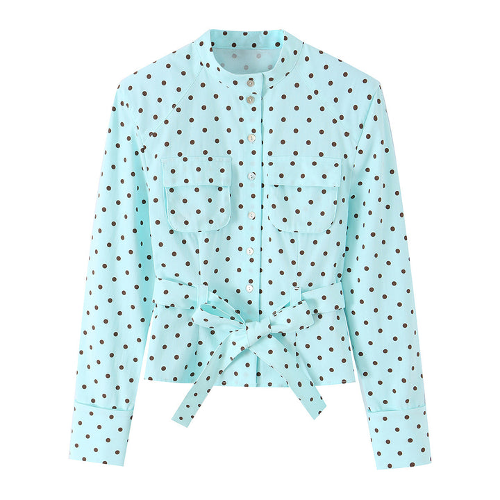 Damen Bluse mit Stehkragen, Taillengürtel und Brusttaschen Echo Archiv