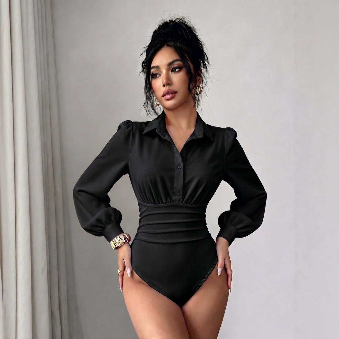 Damen Hemd-Body mit taillierter Raffung und Puffärmeln Echo Archiv