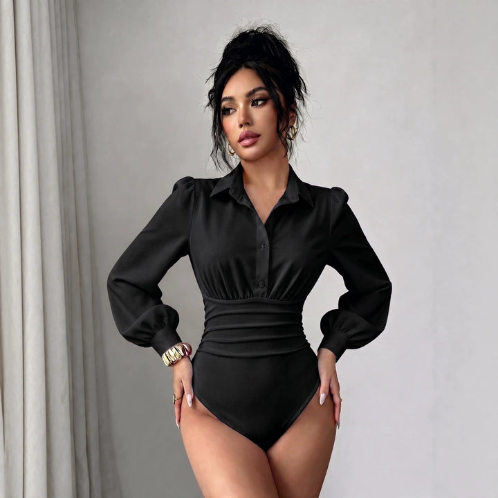 Damen Hemd-Body mit taillierter Raffung und Puffärmeln Echo Archiv