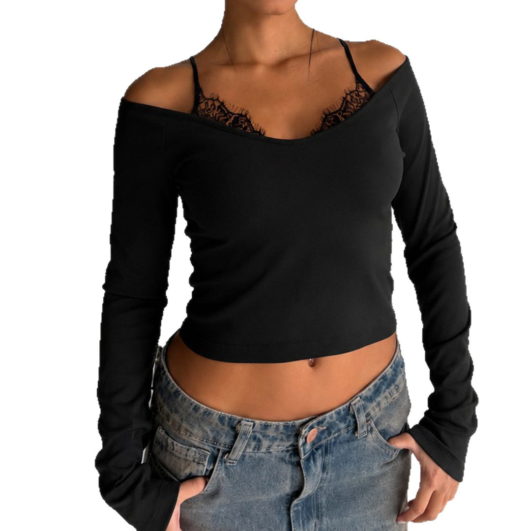 Damen Schulterfreies Langarm-Cami mit zarter Spitzen-Innenschicht und verstellbaren Spaghettiträgern – Avérine