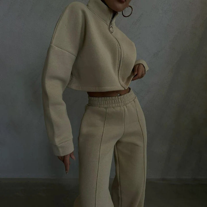 Damen nan kurzes Reißverschluss-Crop-Sweatshirt mit Stehkragen und hochtaillierter Jogginghose Set Echo Archiv