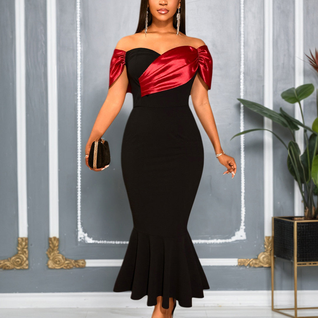 Damen elegantes schulterfreies Maxikleid mit voluminösen Rüschen Echo Archiv