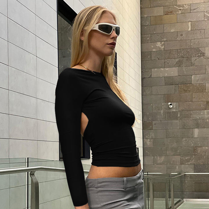 Damen figurbetontes Longsleeve-Oberteil mit offenem Rücken und elegantem Design Echo Archiv