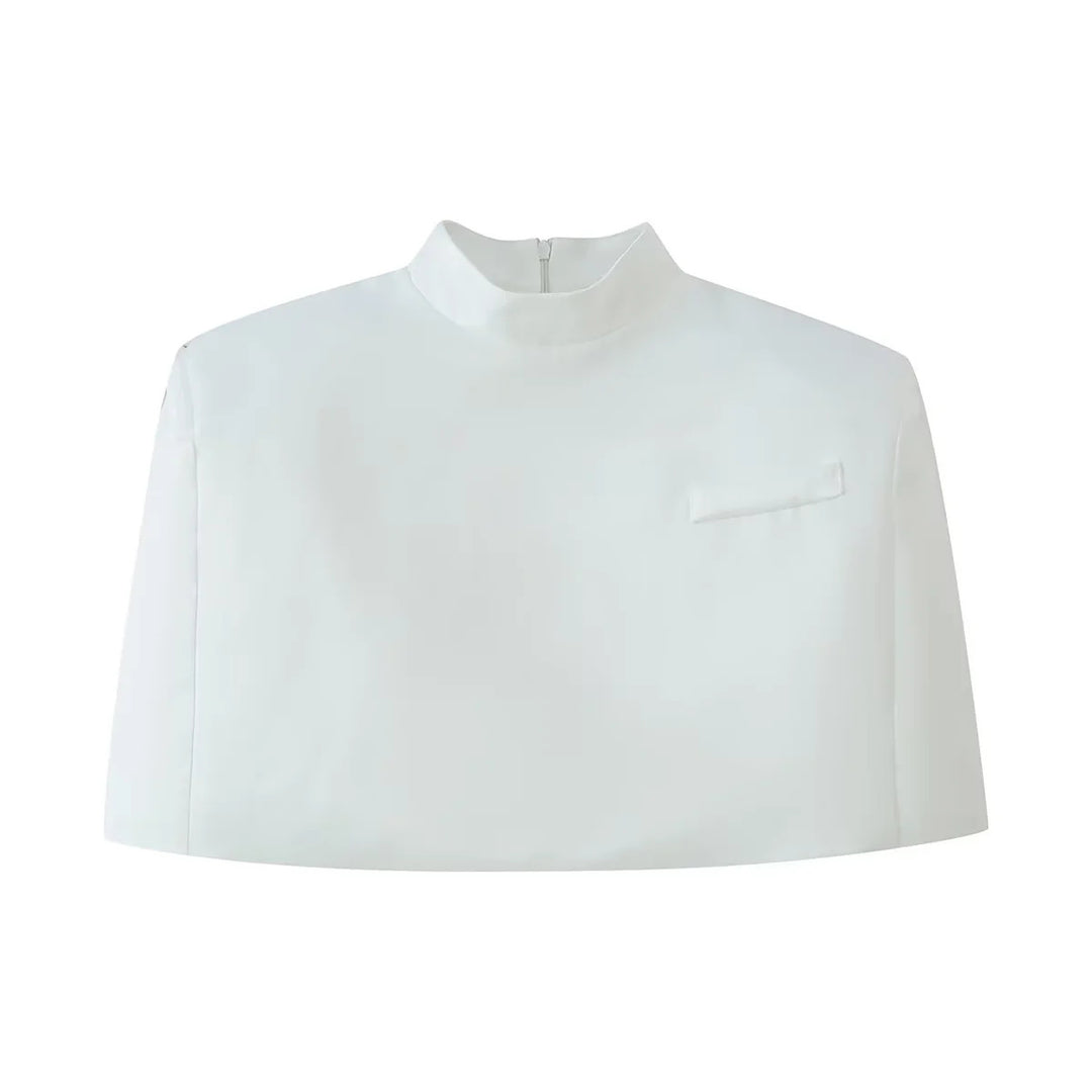 Damen kurzes Capelet-Top mit Stehkragen, verdecktem Rückenreißverschluss und minimalistischer Brustleiste – Célinea