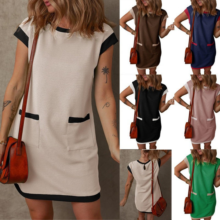 Damen Ärmelloses A-Linien-Shiftkleid mit Kontrastkanten, aufgesetzten Taschen und strukturierter Rippoptik – Lunéa