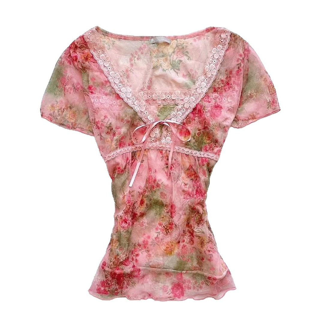 Damen florales Chiffon-Oberteil mit Spitzenakzenten Echo Archiv