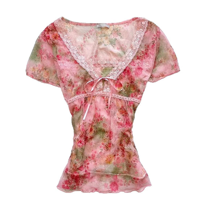 Damen florales Chiffon-Oberteil mit Spitzenakzenten Echo Archiv