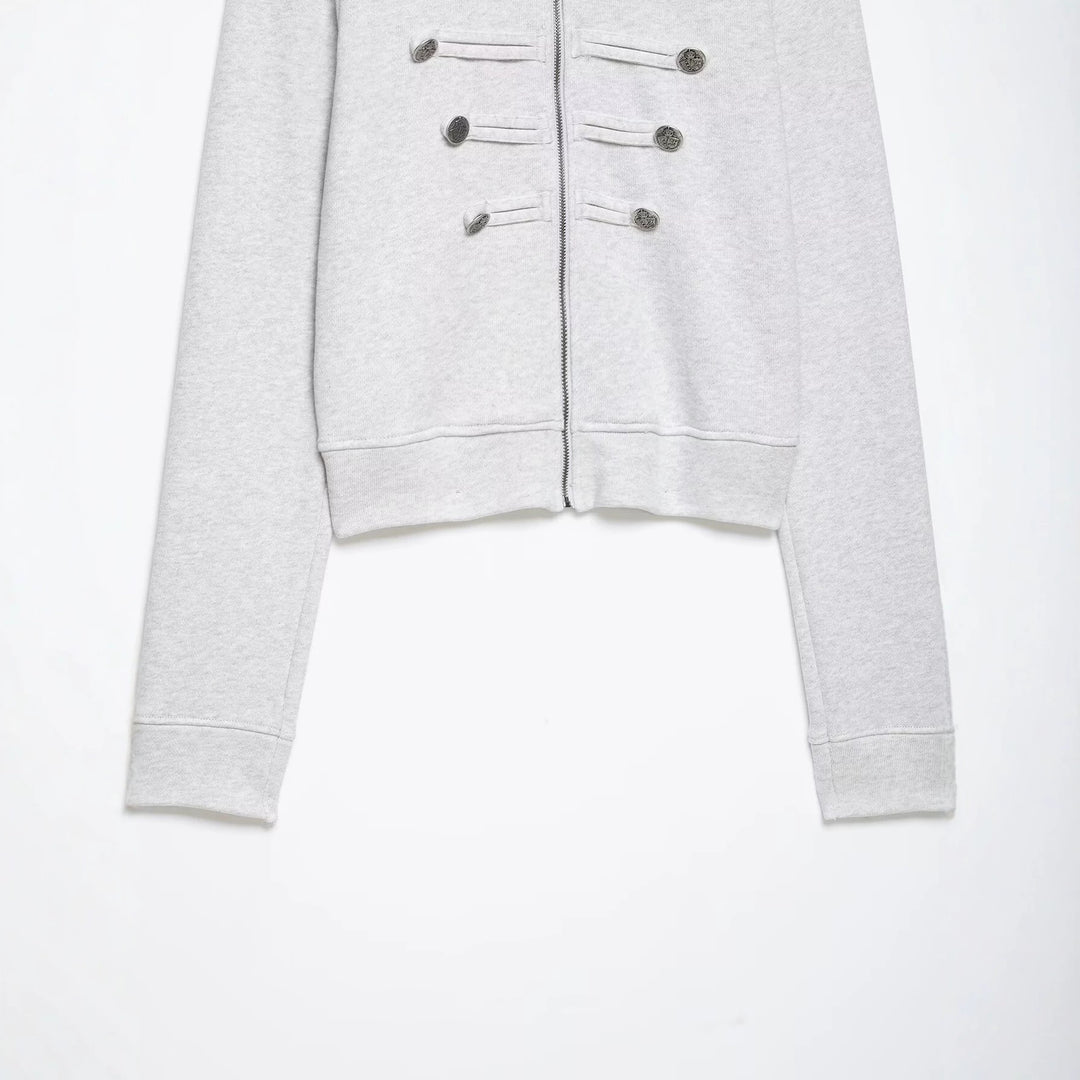Damen Kurze Sweatjacke im Militärstil mit Stehkragen und dekorativer Knopfleiste Echo Archiv