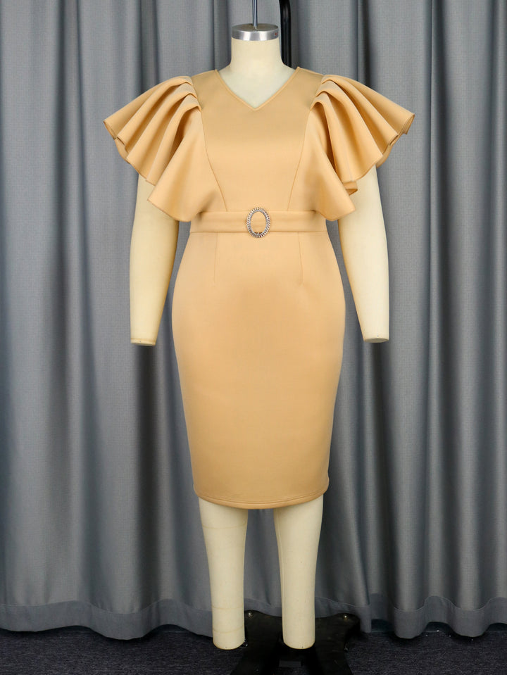 Damen figurbetontes Kleid mit voluminösen Rüschenärmeln und Taillengürtel Echo Archiv