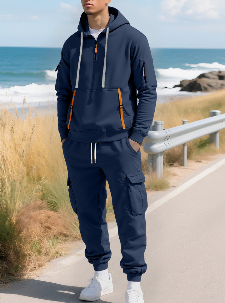 Herren nan lässiger Halbzip Hoodie mit Kängurutasche und Cargo Jogginghose mit Reißverschlussdetails Echo Archiv