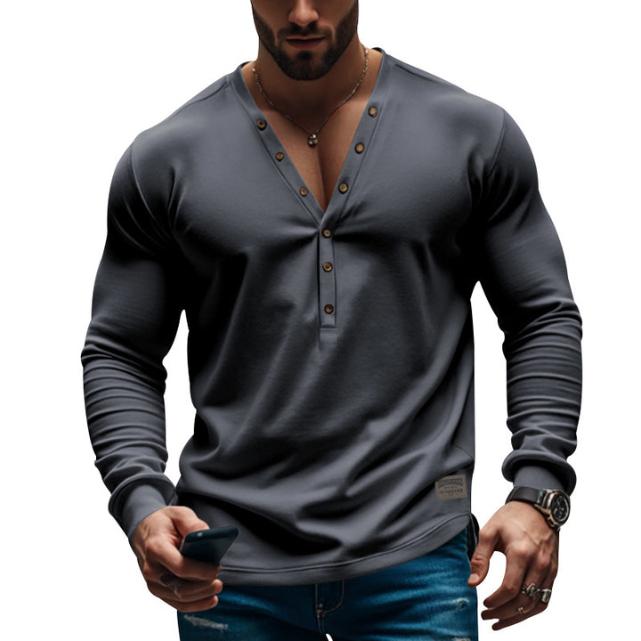 Herren Langarm-Henley-Shirt mit dekorativen Knöpfen und modernem Schnitt Echoarchiv