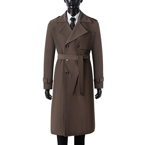 Herren Langer Minimalistischer Trenchcoat mit Sturmklappe Taillengürtel und verstellbaren Manschetten Echoarchiv