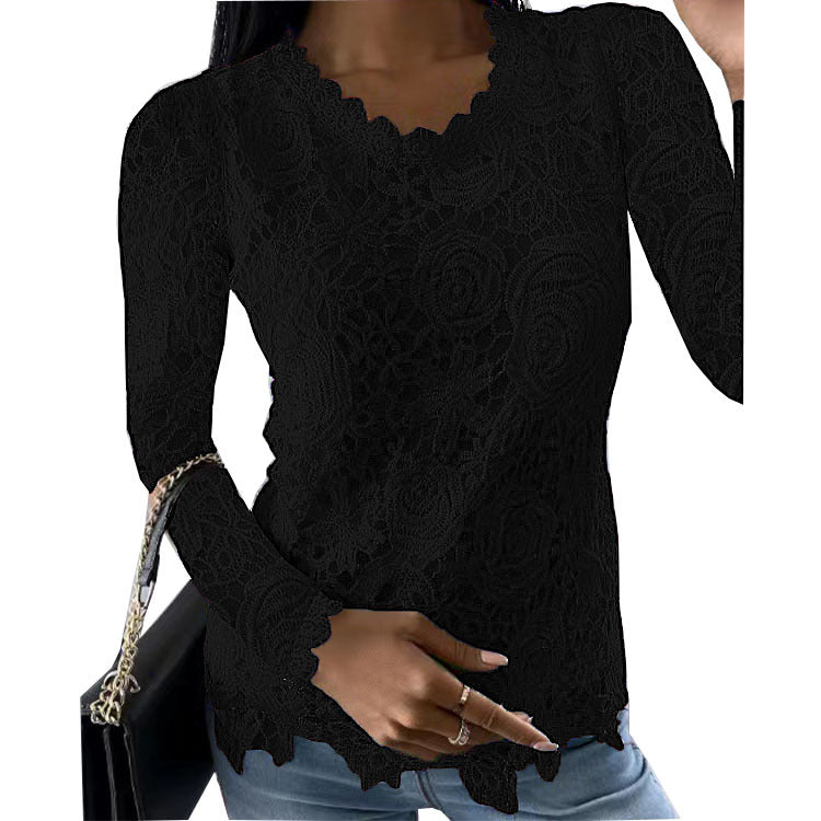 Damen nan figurbetonte Spitzenbluse mit floraler Allover-Spitze, Langarm und gezacktem Saum Echo Archiv