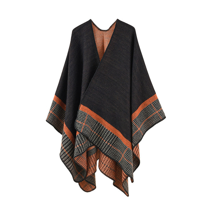 Damen Wollmix-Poncho im asymmetrischen Zipfelschnitt mit eingewebter Karobordüre – Avérine