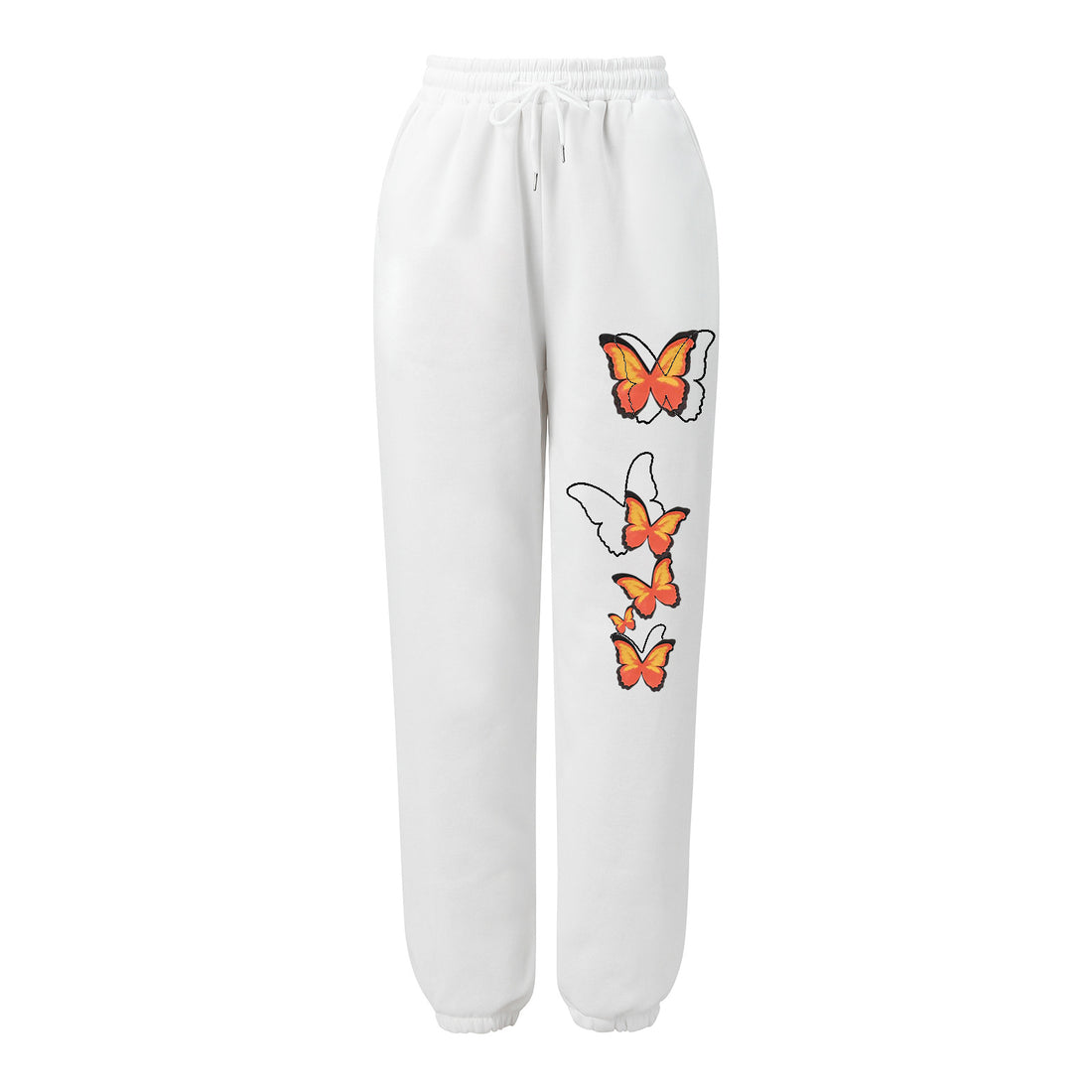 Damen hochgeschnittene Sweatpants mit elastischem Bund, Kordelzug, Seitentaschen, elastischen Beinabschlüssen und Schmetterlingsprint – Avérine