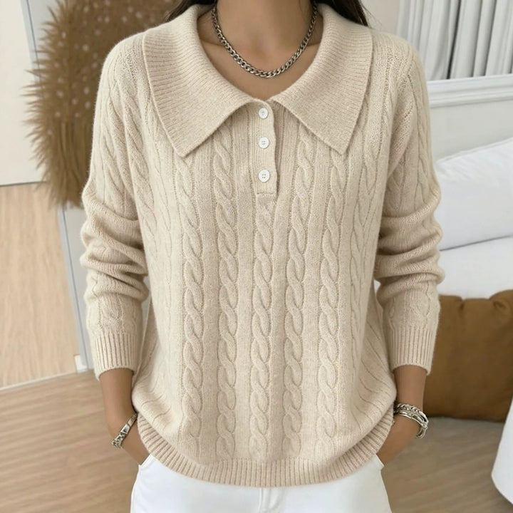 Damen Kabelstrick-Polo-Pullover mit großem Umlegekragen und lockerer Silhouette – Mavelle