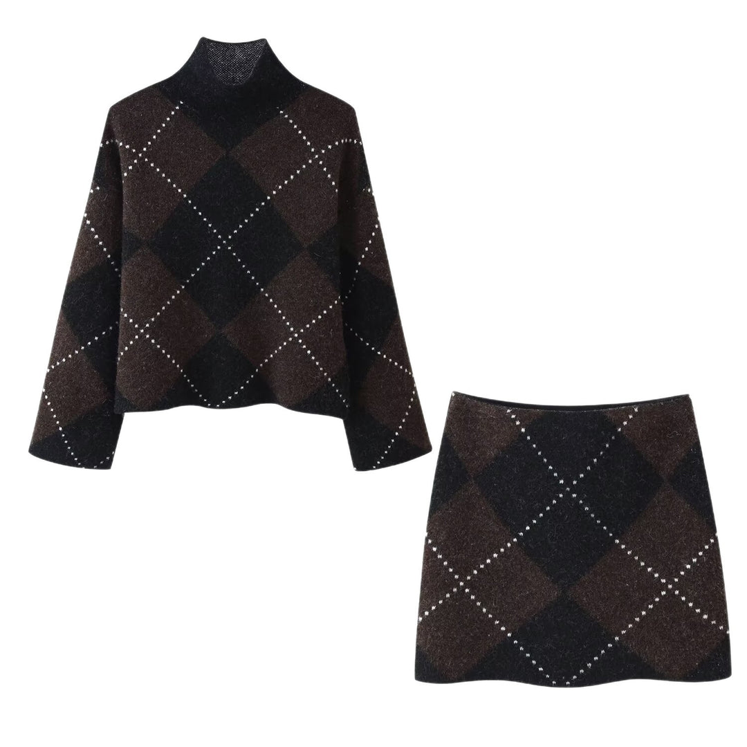 Damen Strick‑Set aus Rollkragen‑Poncho und Minirock mit Argyle‑Muster Echo Archiv
